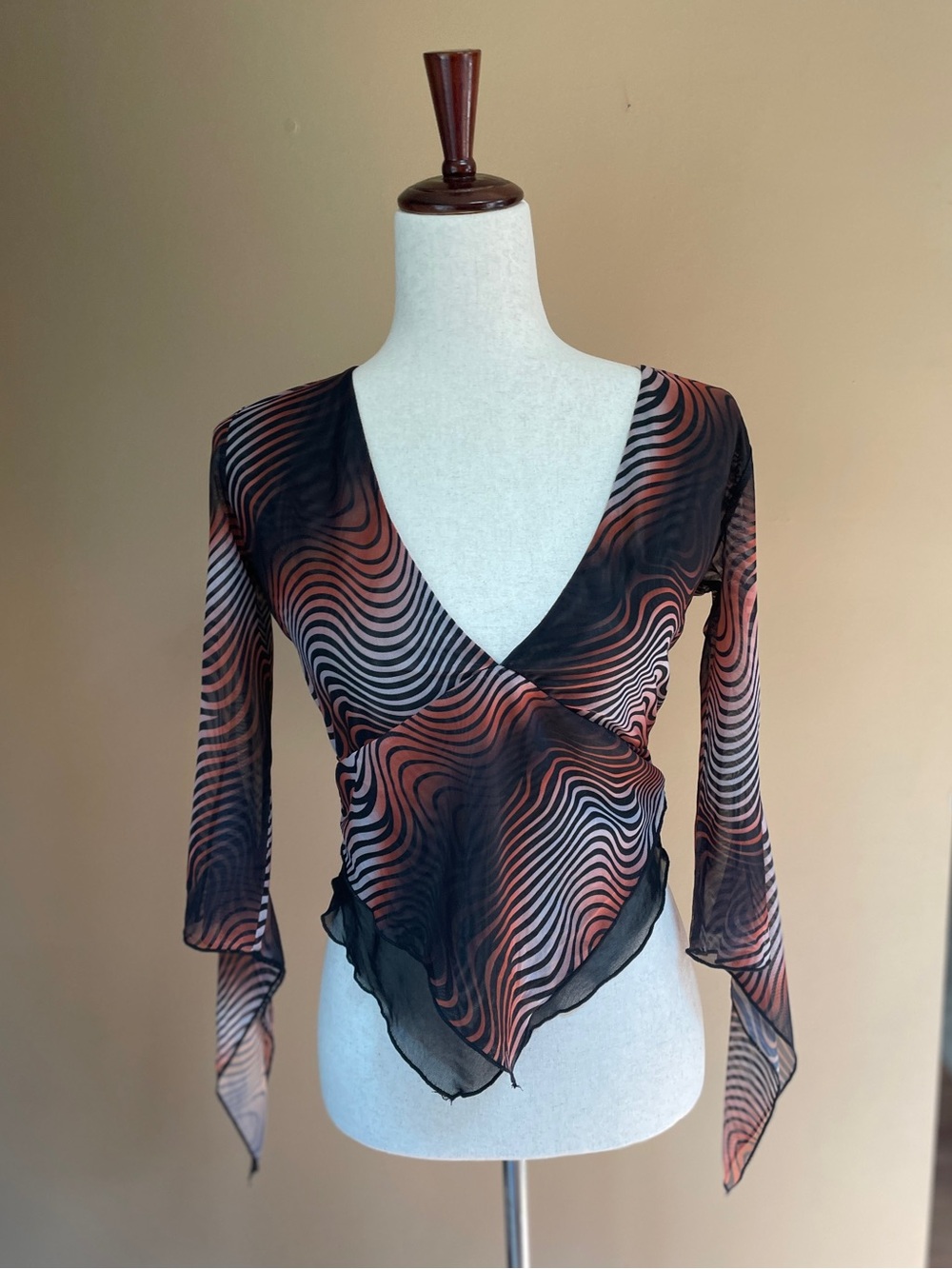 I AM GIA Freyja Whimsical Blouse Top Large Wave Scarf Top Mesh Goth